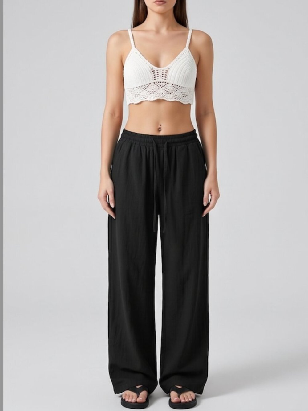 Cotton Drawstring Wide Leg Pant Black